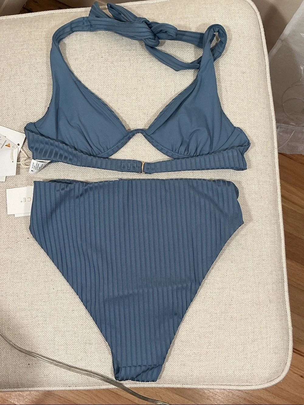 NWT L*SPACE Ribbed High-Waist Bikini Set Slate Blue Underwired Halter Bra Sz S